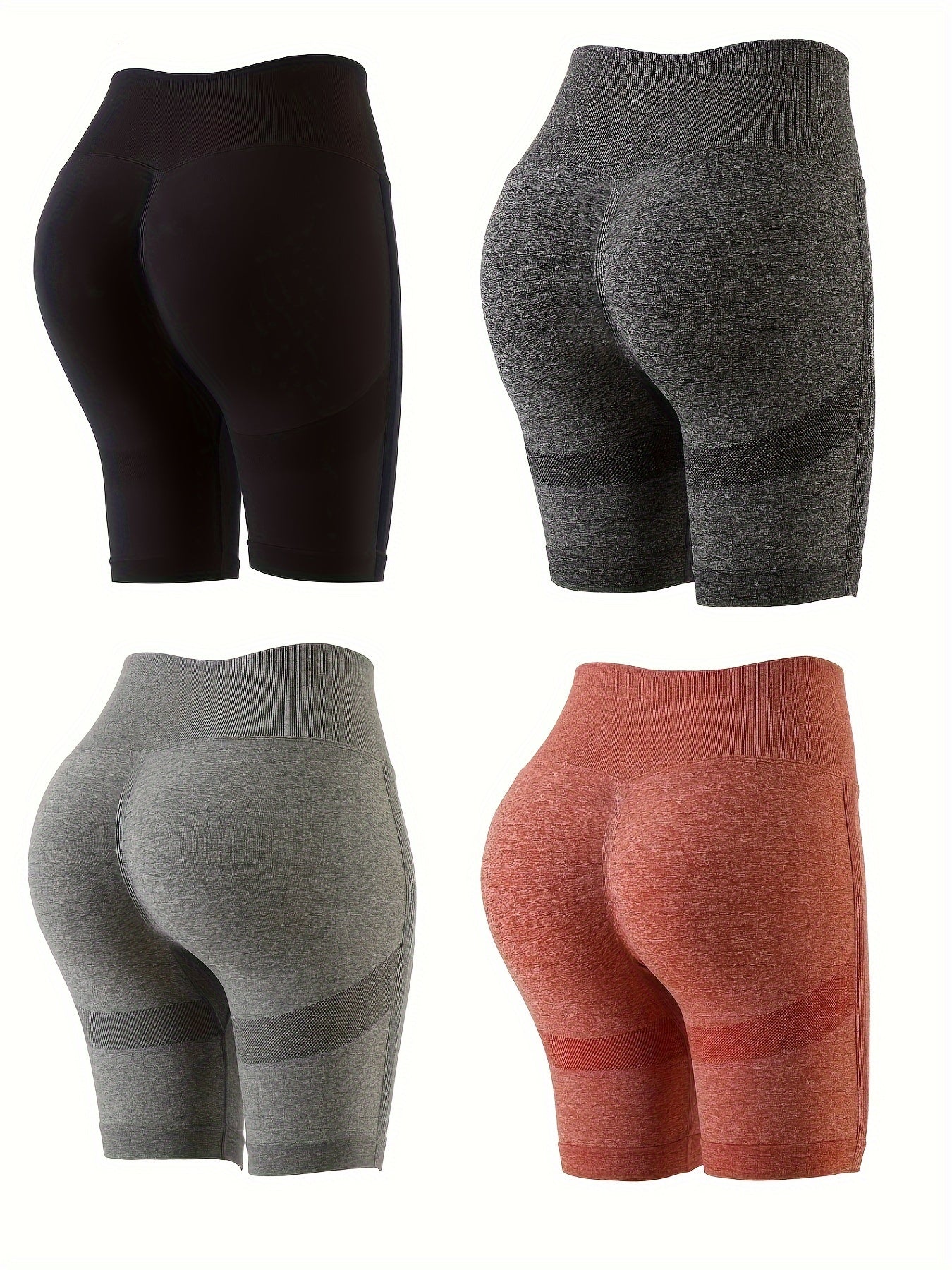 4pcs Seamless Solid Butt Lifting Sports Shorts High Waist Yoga Running Shorts