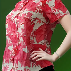 Leaf Print Button Up Short Sleeve Blouse