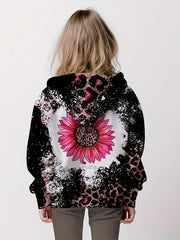 3D Sunflower Graphic Leopard Print Hoodies Girls Comfy Pullover Tops
