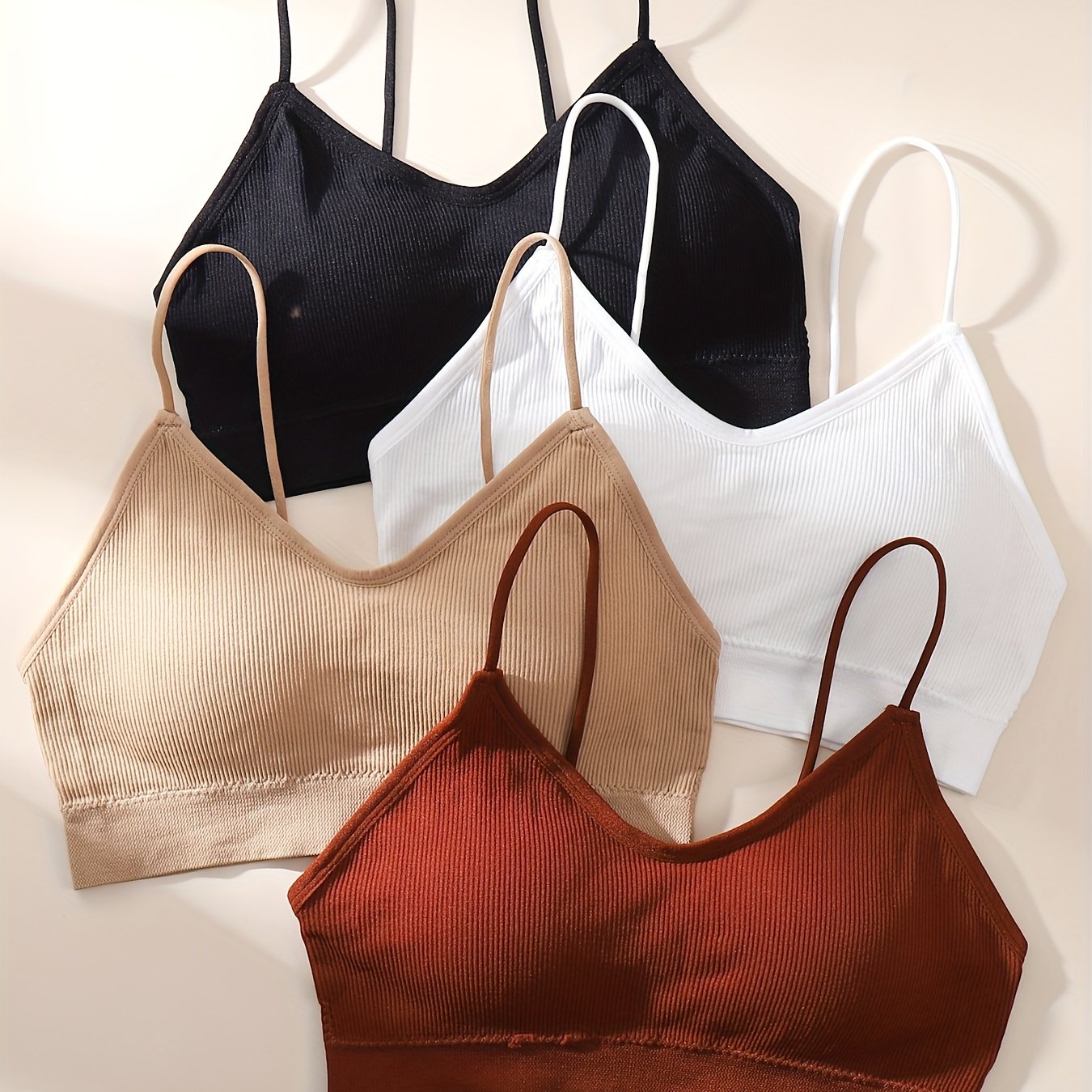 4pcs Ribbed Wireless Bras, Comfy & Breathable Intimates, Lingerie & Underwear