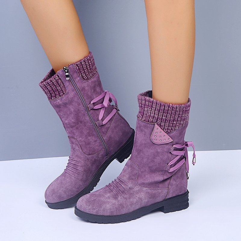 Knitted & Faux Leather Panel Boots Tie Back Side Zip Boots