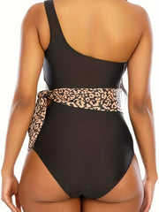 Leopard One Shoulder Cut Out Swimsuit
