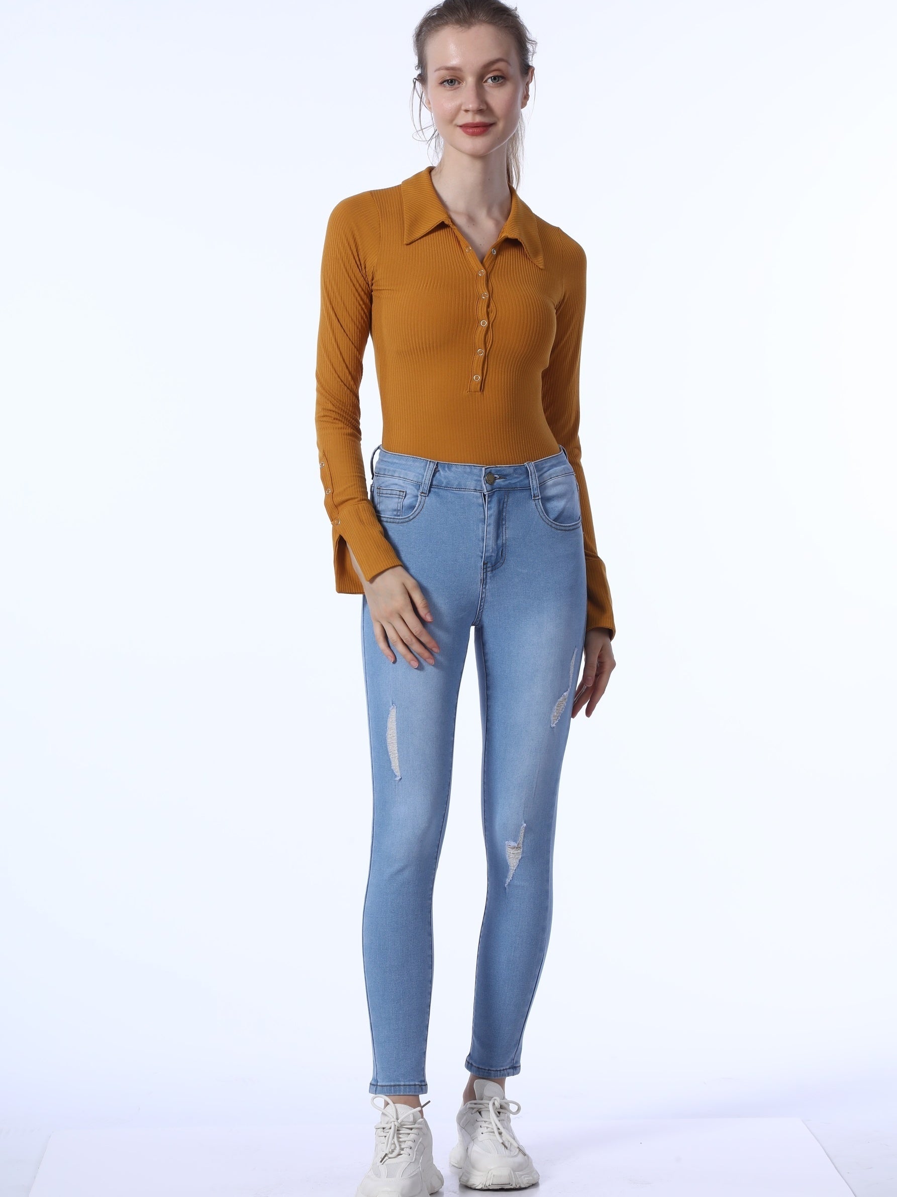 High Rise Ripped Cropped Skinny Jeans Mid Waist Distressed Denim Pants