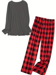Christmas Lounge Set Snowman & Elk Print Long Sleeve Tee & Plaid Pants