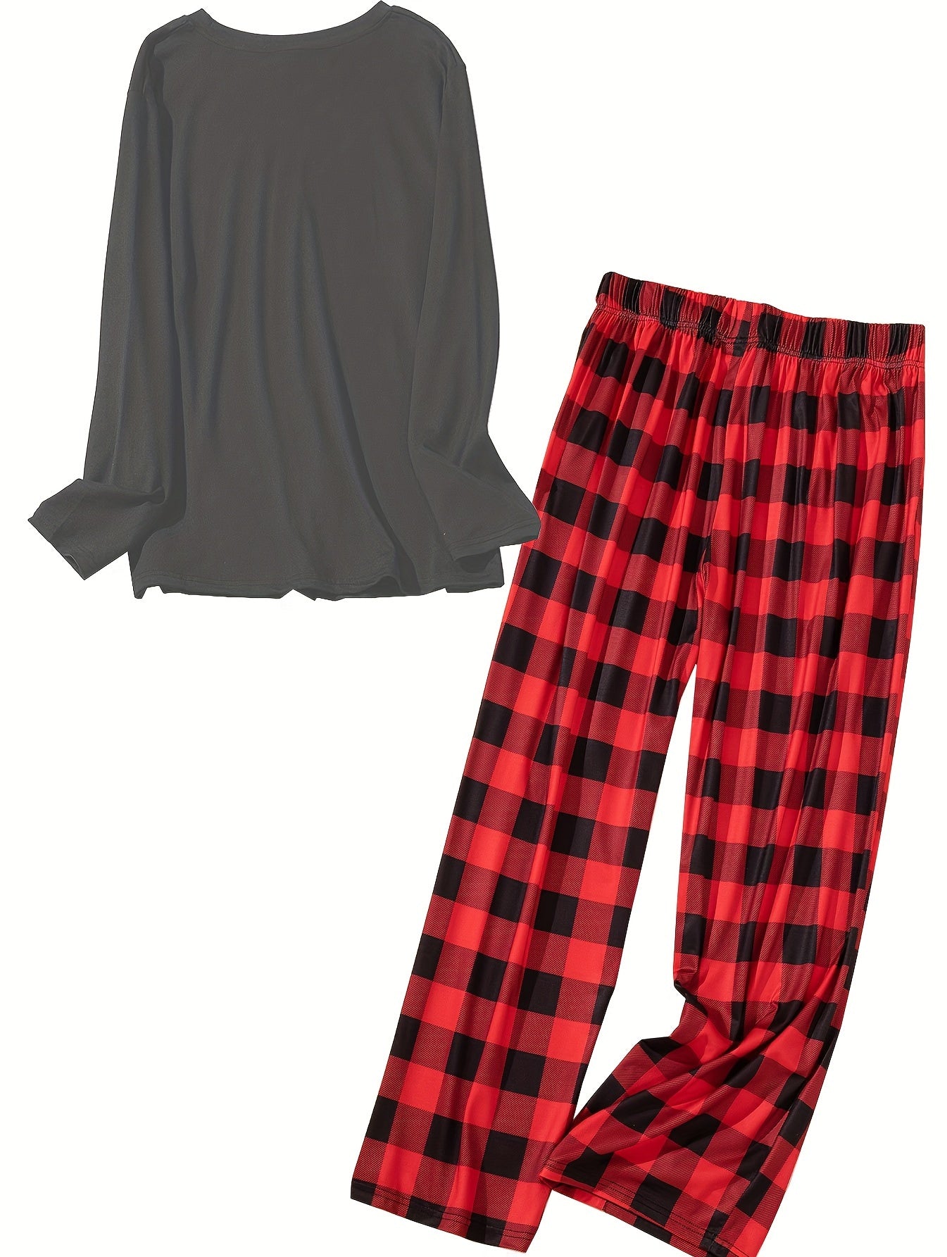 Plus Size Heart Print Long Sleeve Tee & Plaid Print Pants Pajama Set