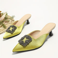 Satin Kitten Heels Rhinestone Slingback Sandals