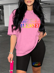 Blessed Print 2pc Set Short Sleeve T shirt & Biker Shorts Outfit