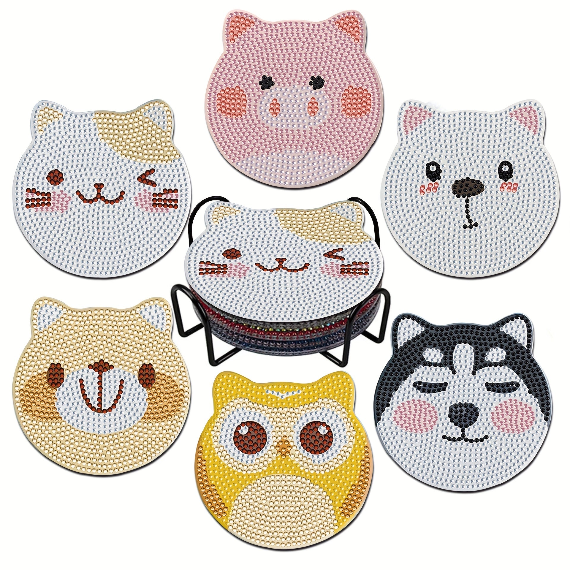 6pcs Artificial Diamond Coaster Set DIY Animal Painted Coaster With Stand