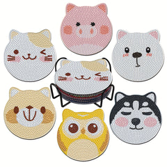 6pcs Artificial Diamond Coaster Set DIY Animal Painted Coaster With Stand