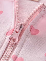 Girls Heart Print Hooded Jacket Long Sleeve Cartoon Zip Up Outwear