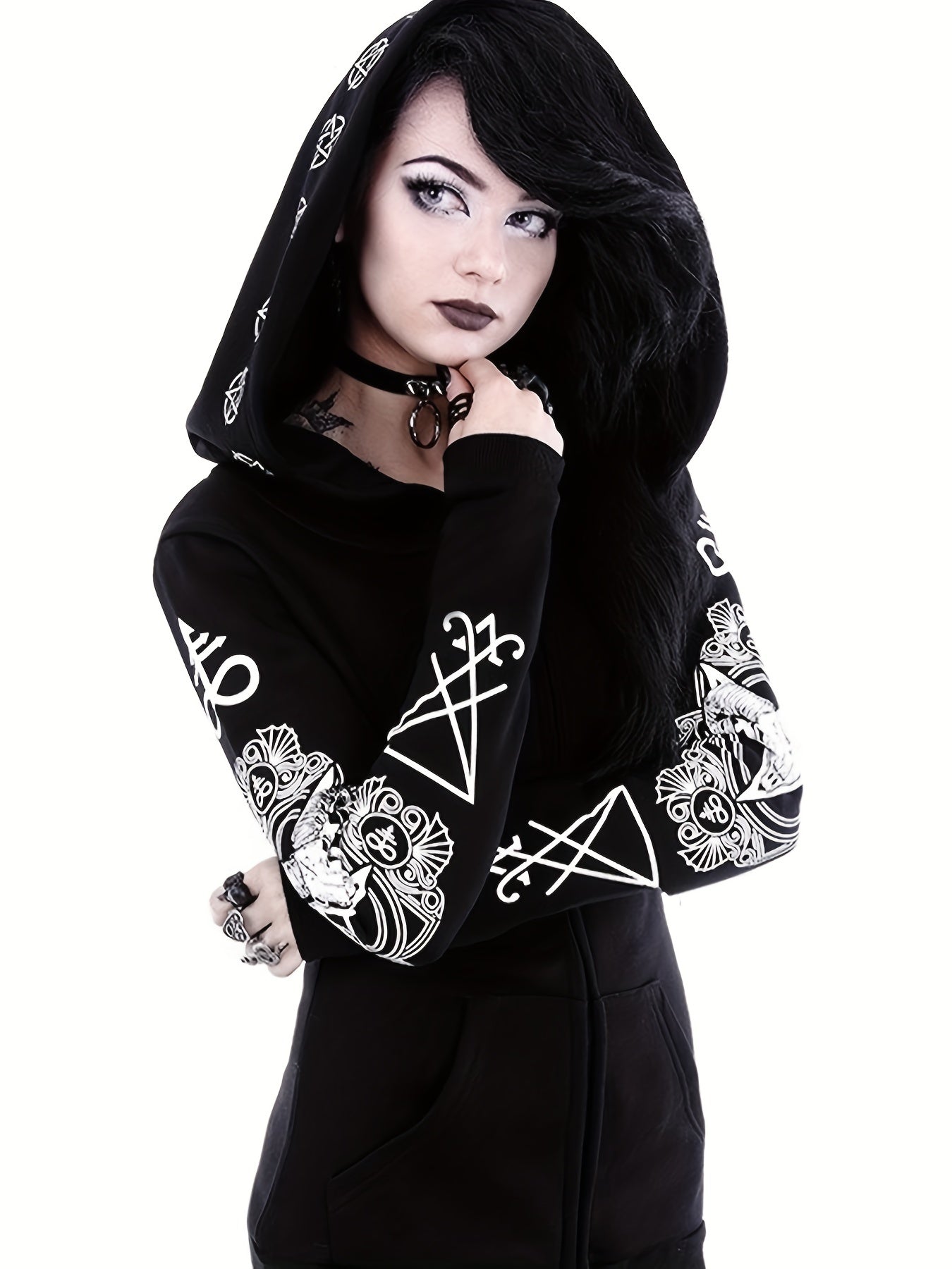 Gothic Hoodie Sun Moon Print Sweatshirt Punk Goth Clothes Long Sleeve