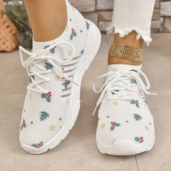 Christmas Print Knitted Lace Up Sports Shoes Breathable Low Top Sneakers