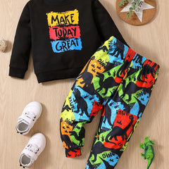2pcs Baby Boys Pullover Sweatshirt & Dinosaur Print Pants Set Kids Clothes