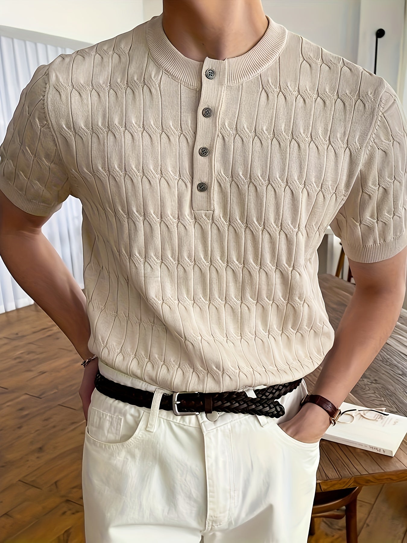 Men's Solid Cable Knit Half Button Top
