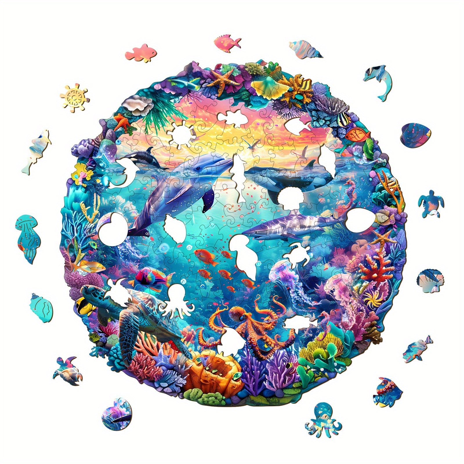 Ocean World Wooden Jigsaw Puzzle with Dolphins and Tropical Fish