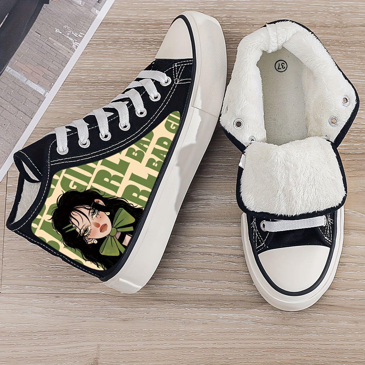 Anime Print Plush Lined Thermal Chunky Canvas Sneakers