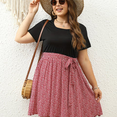 Colorblock Ditsy Print Round Neck Dress With Belt