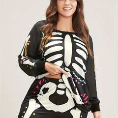 Skeleton Pattern Long Sleeve Top & Joggers Pajamas Set Plus Size