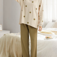 Polka Dot Lounge Set Long Sleeve Top & Pants Women's Sleepwear