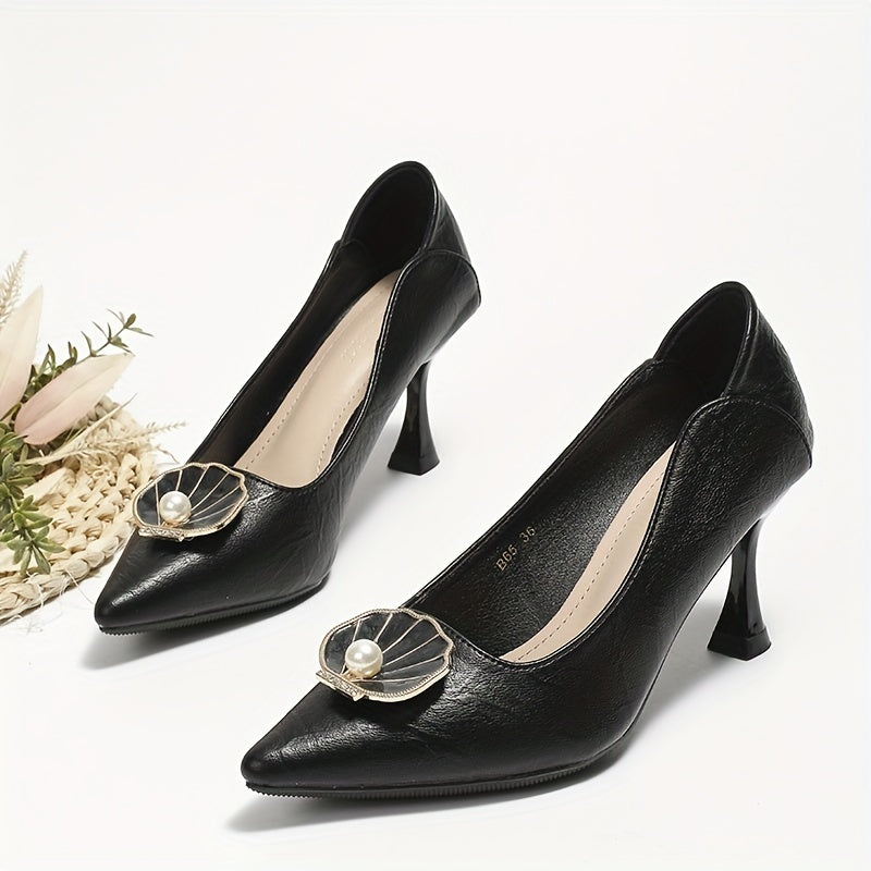 Women's Pointed Toe Stiletto Heels Faux Pearl Shell Decor Slip On High Heels