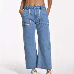 Stripes Trim Loose Jeans Straight Denim Pants Women's Clothing