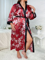 Satin Floral Print Robe Long Sleeve Belted Nightgown