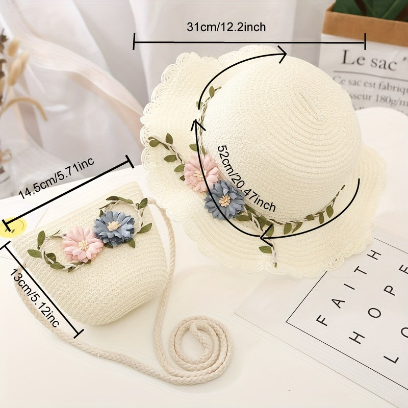 Girls Flowers Lace Trim Straw Hat & Bag Set UV Protection Sun Hat S