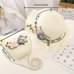 Girls Flowers Lace Trim Straw Hat & Bag Set UV Protection Sun Hat S
