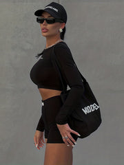 Letter Print Slim Fit Tops And Shorts Set Crew Neck Long Sleeves Tracksuit
