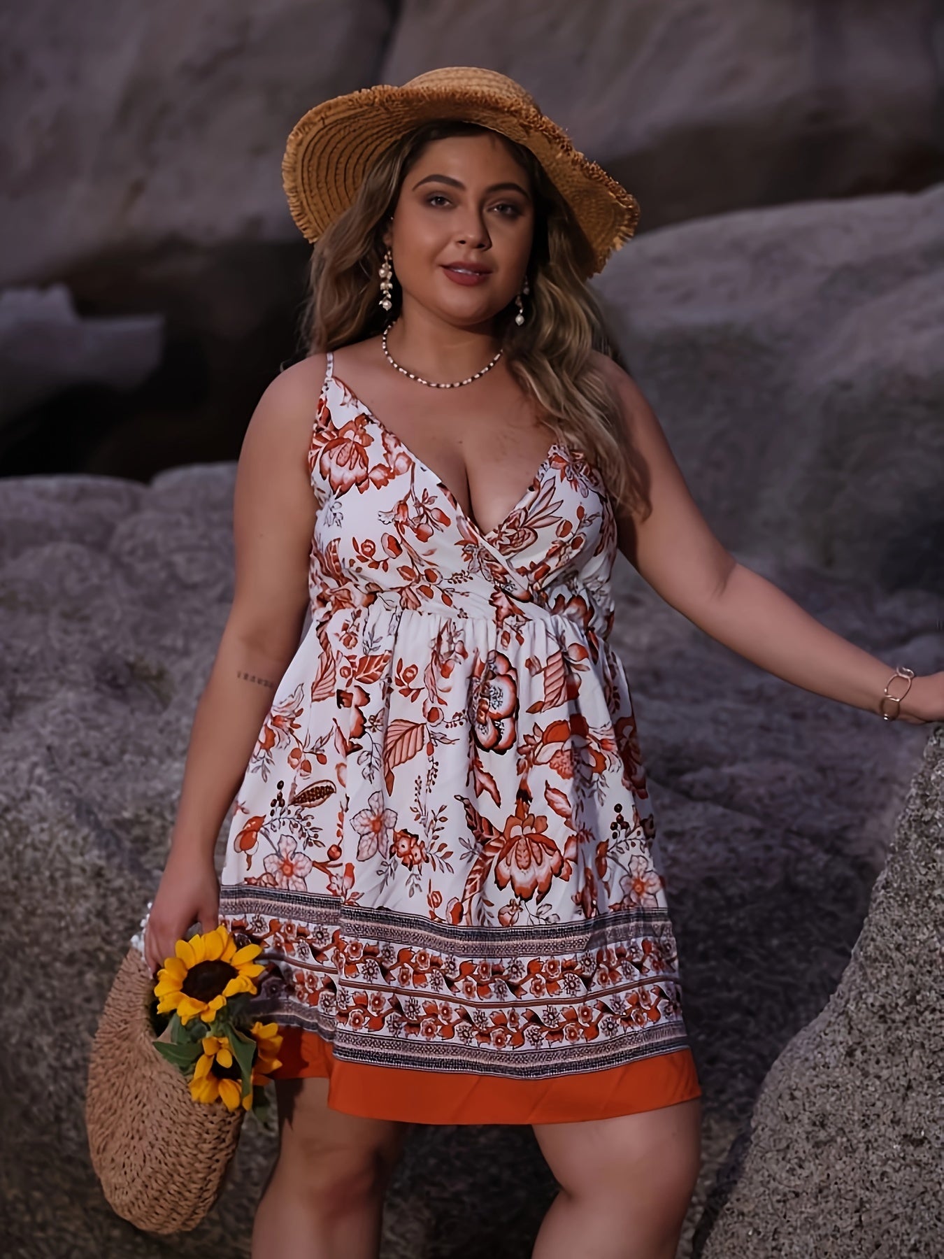 Boho Cami Dress Women's Plus Floral Print Surplice Neck Dress