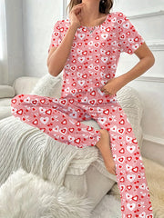 Heart Print Pajama Set Short Sleeve Top & Lounge Pants Women's Sleepwear