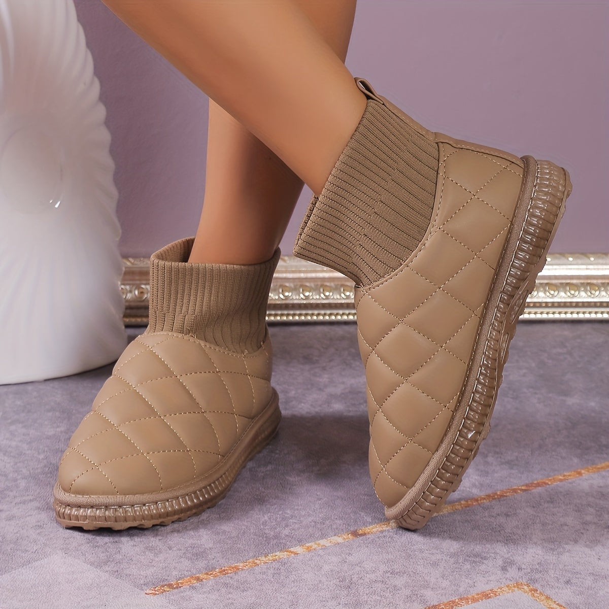 Women's Quilted Pattern Boots Slip On High Round Toe Warm Snow Fluffy Boots