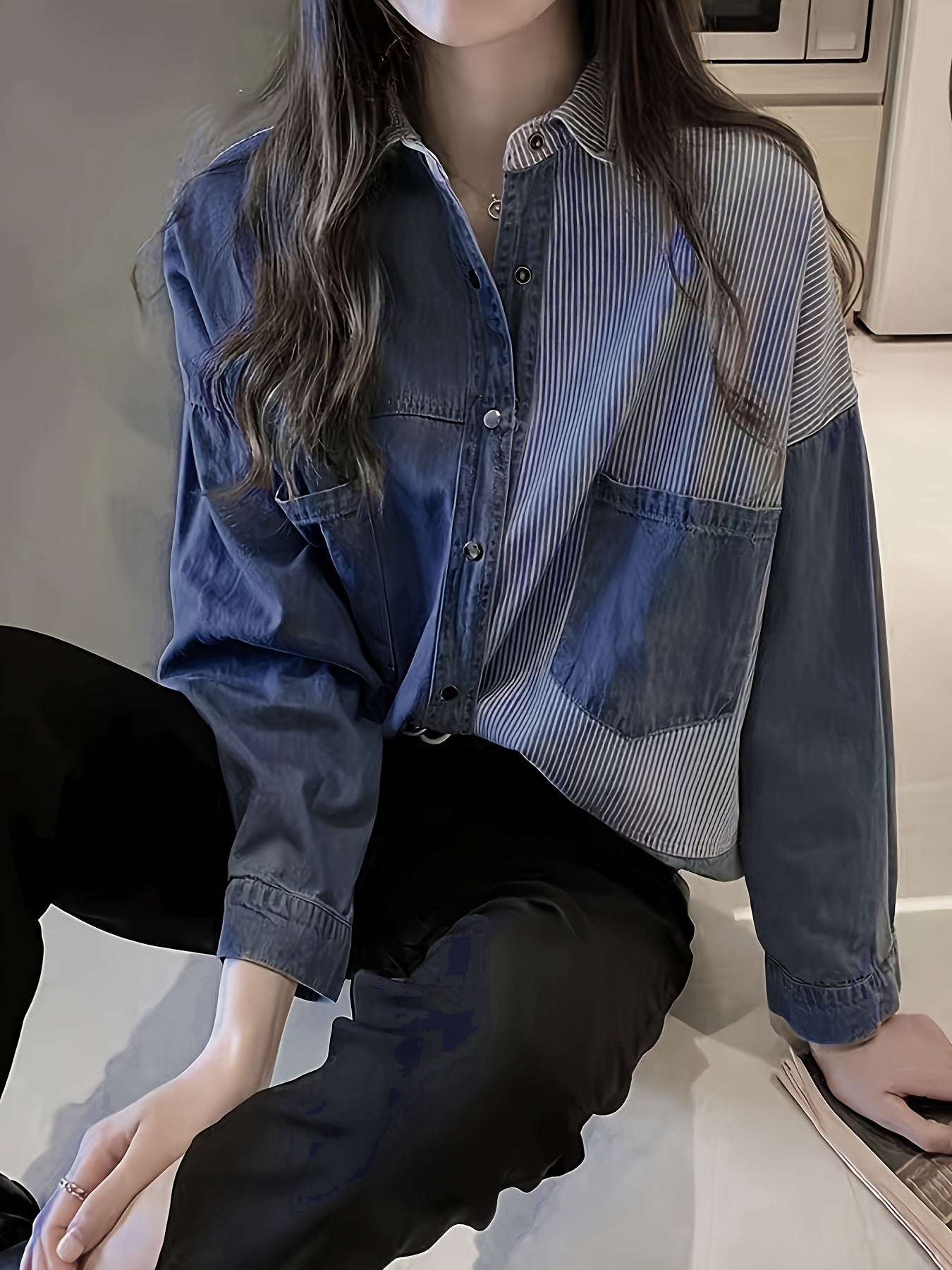 Denim Top Women's Plus Contrast Striped Print
