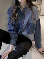 Denim Top Women's Plus Contrast Striped Print
