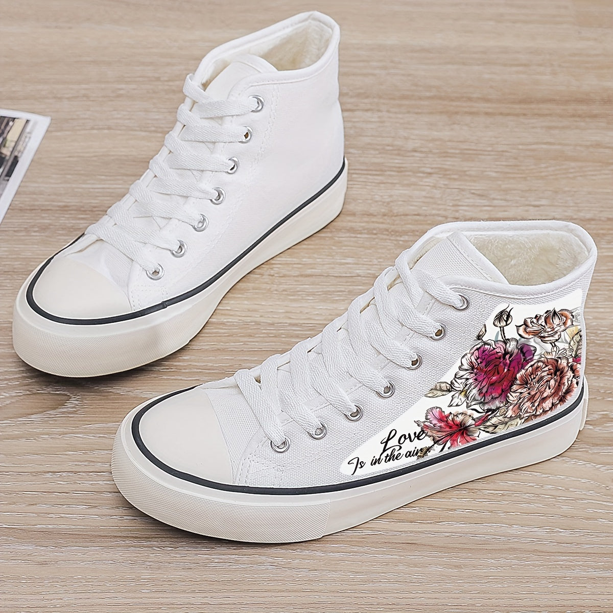 Floral Print Plush Lined Thermal Chunky Canvas Sneakers