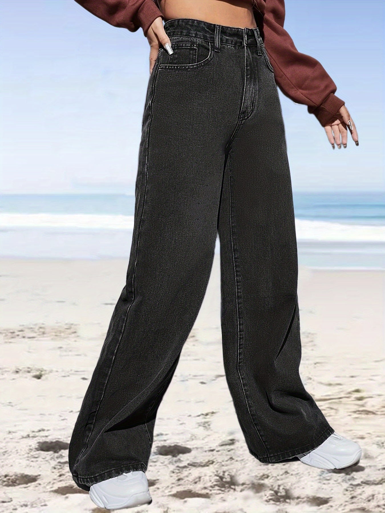 High Waist Straight Jeans Slash Pockets Loose Fit