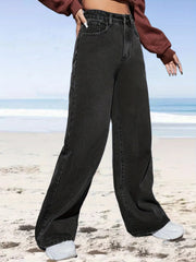 High Waist Straight Jeans Slash Pockets Loose Fit