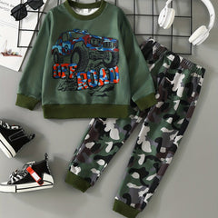 Boy's Camo 2pcs Sweatshirt & Sweatpants Set OFF ROAD Print Top