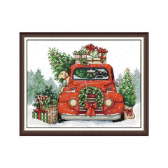 Christmas Car Dog Cartoon Cross Stitch 14CT Cloth Embroidery DIY