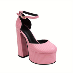 Women's Block Heel Platform Pumps with Buckle Strap