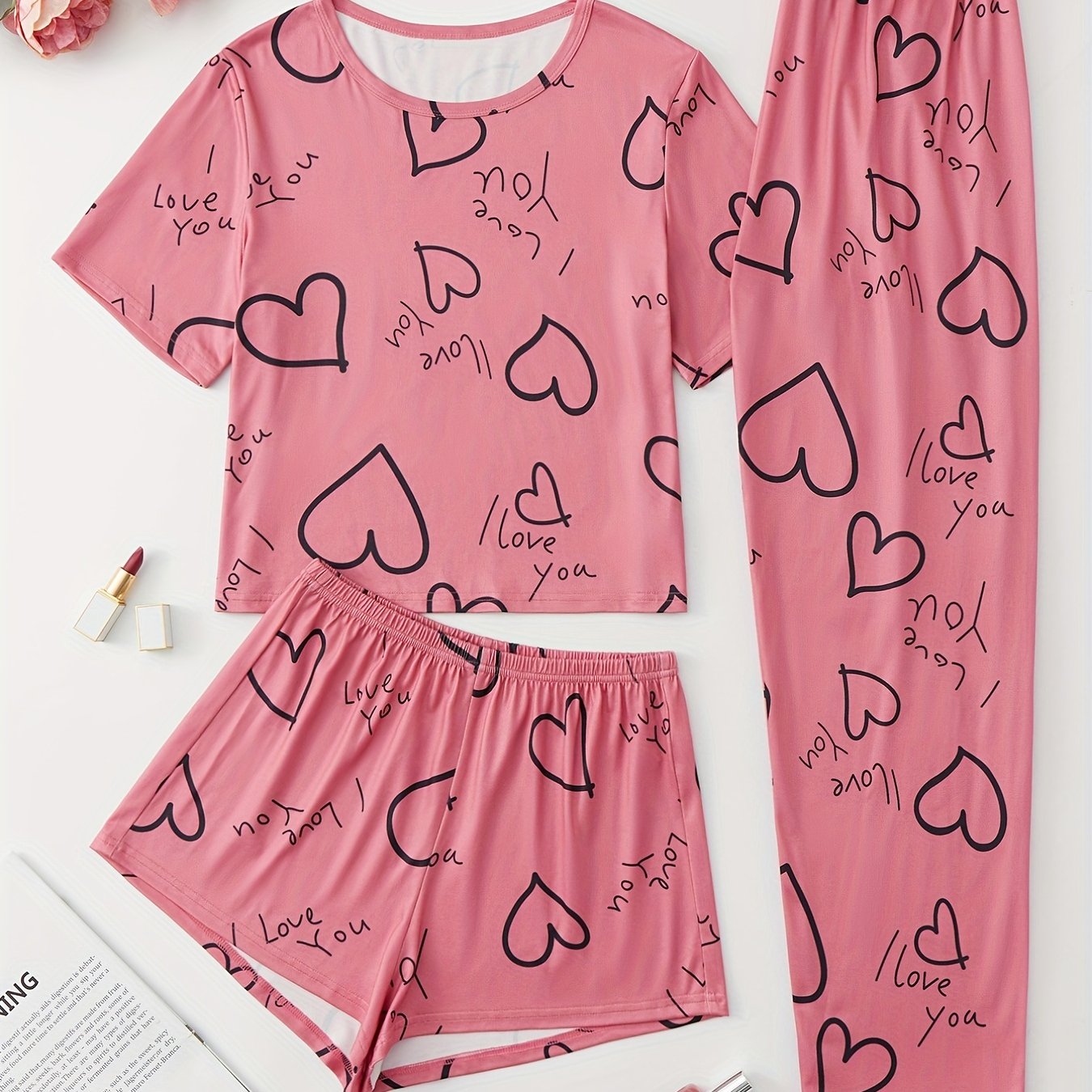 Letter & Heart Print Pajamas Set Short Sleeve Crew Neck Top & Shorts