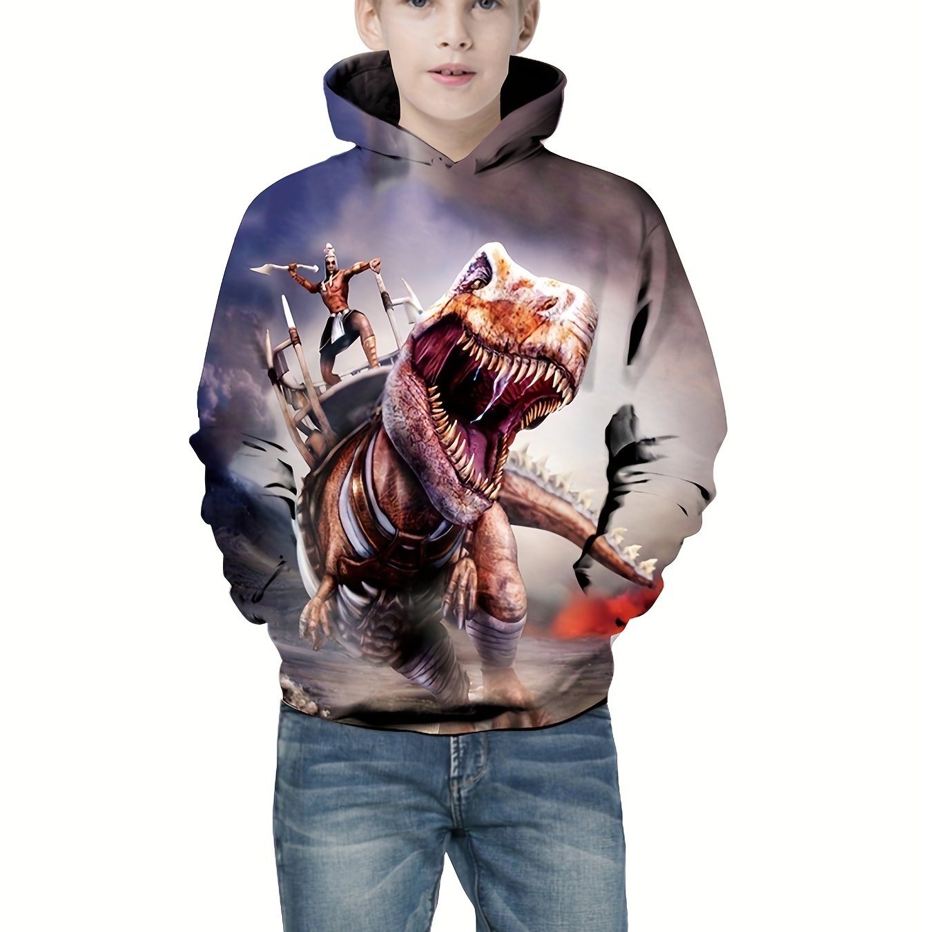 Dinosaur 3D Print Boys Casual Hooded Sweatshirt