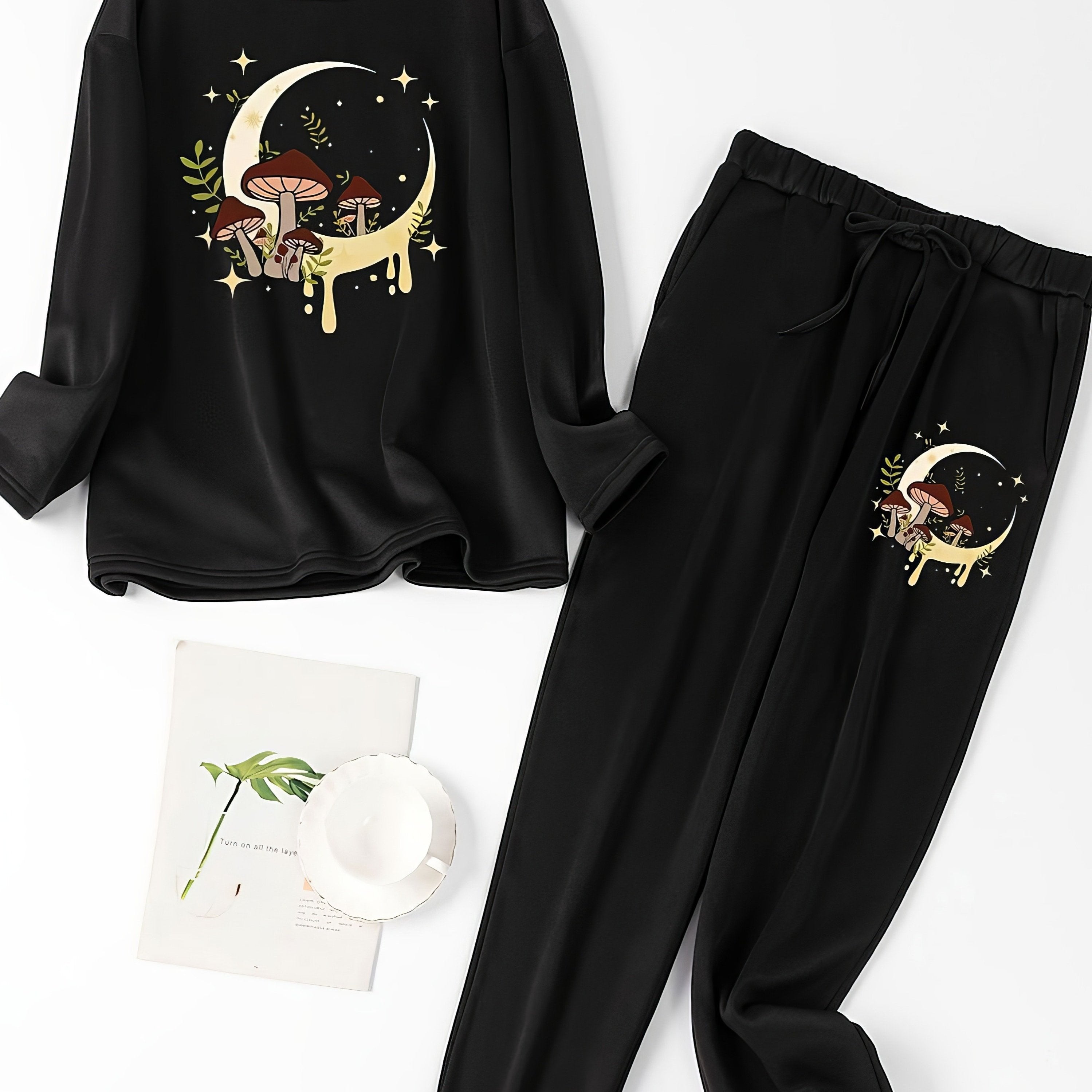 Mushroom & Moon Print Long Sleeve Tee & Joggers Pajama Set