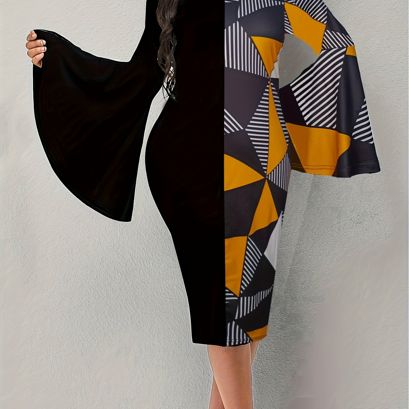 Colorblock Geo Print Bell Sleeve Round Neck Bodycon Dress