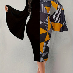 Colorblock Geo Print Bell Sleeve Round Neck Bodycon Dress