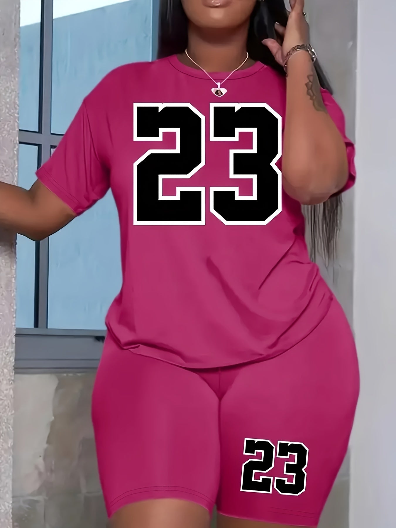 Number Print Short Sleeve Tee & Biker Shorts Pajama Set
