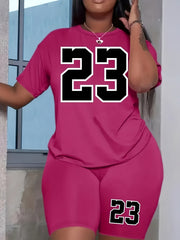 Number Print Short Sleeve Tee & Biker Shorts Pajama Set