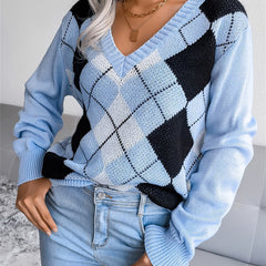 Argyle Print V Neck Long Sleeve Sweater Women's Clothing