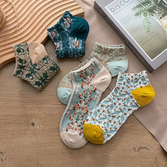 5 Pairs Floral Print Lightweight Ankle Socks Women's Stockings