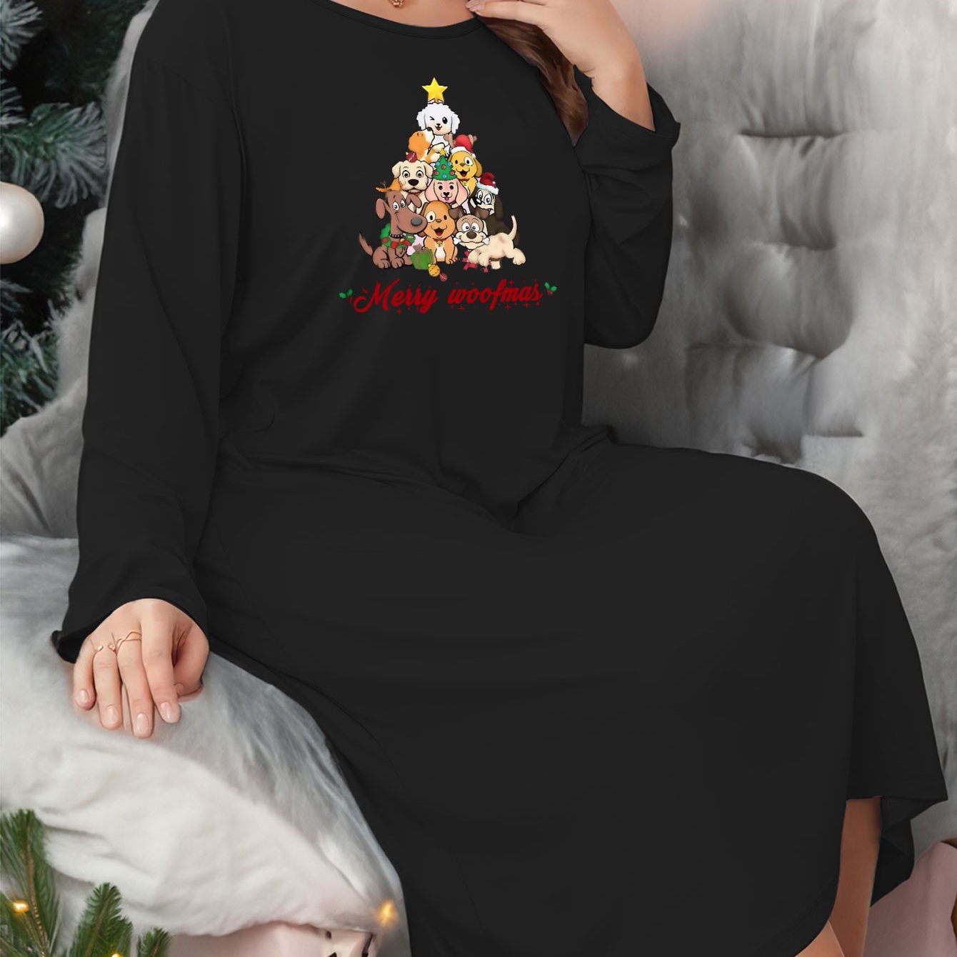 Christmas Lounge Dress Women's Plus Puppies & Christmas Tree